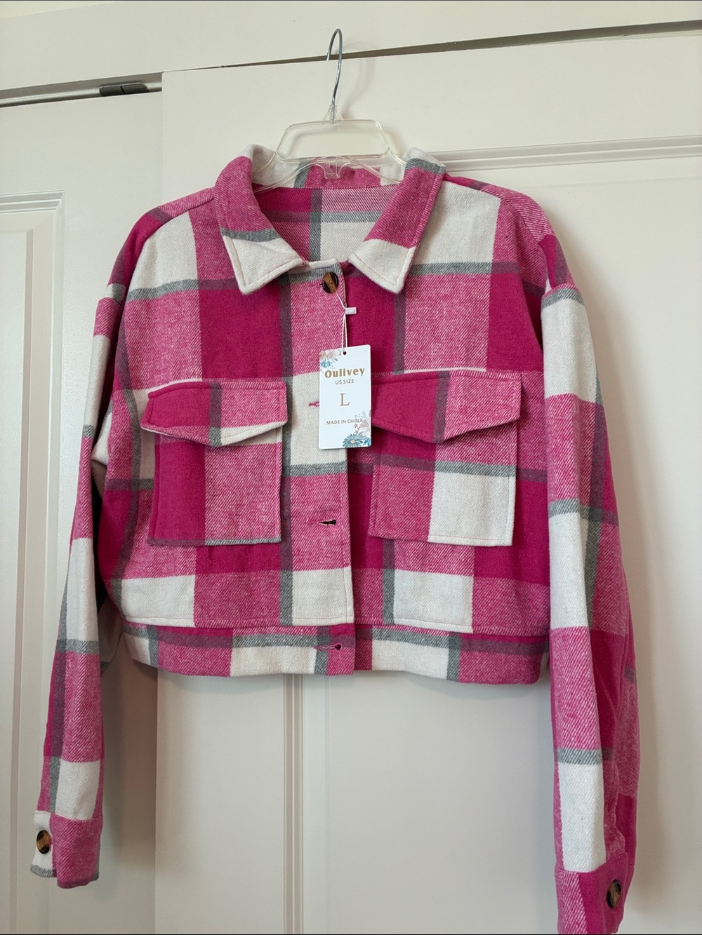 Pink Plaid Cropped Teddy Shacket - Women’s Jacket